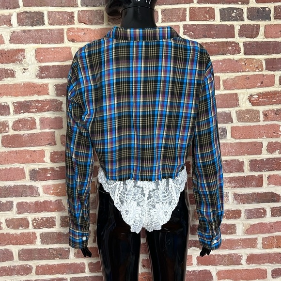 Savage x Fenty Tied Up Tartan Raw Hem Cropped Sleep Shirt in Blue Size S - Picture 4 of 8